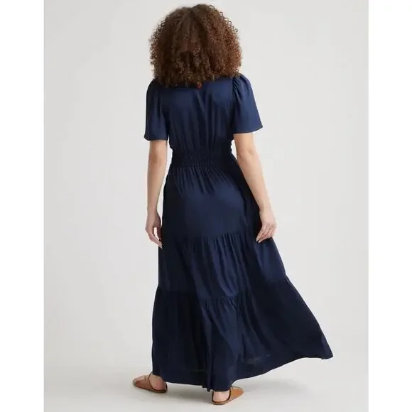 New Quince Silk Tiered Maxi Dress Women’s Small Navy Blue Maxi 4655 - Picture 2 of 11